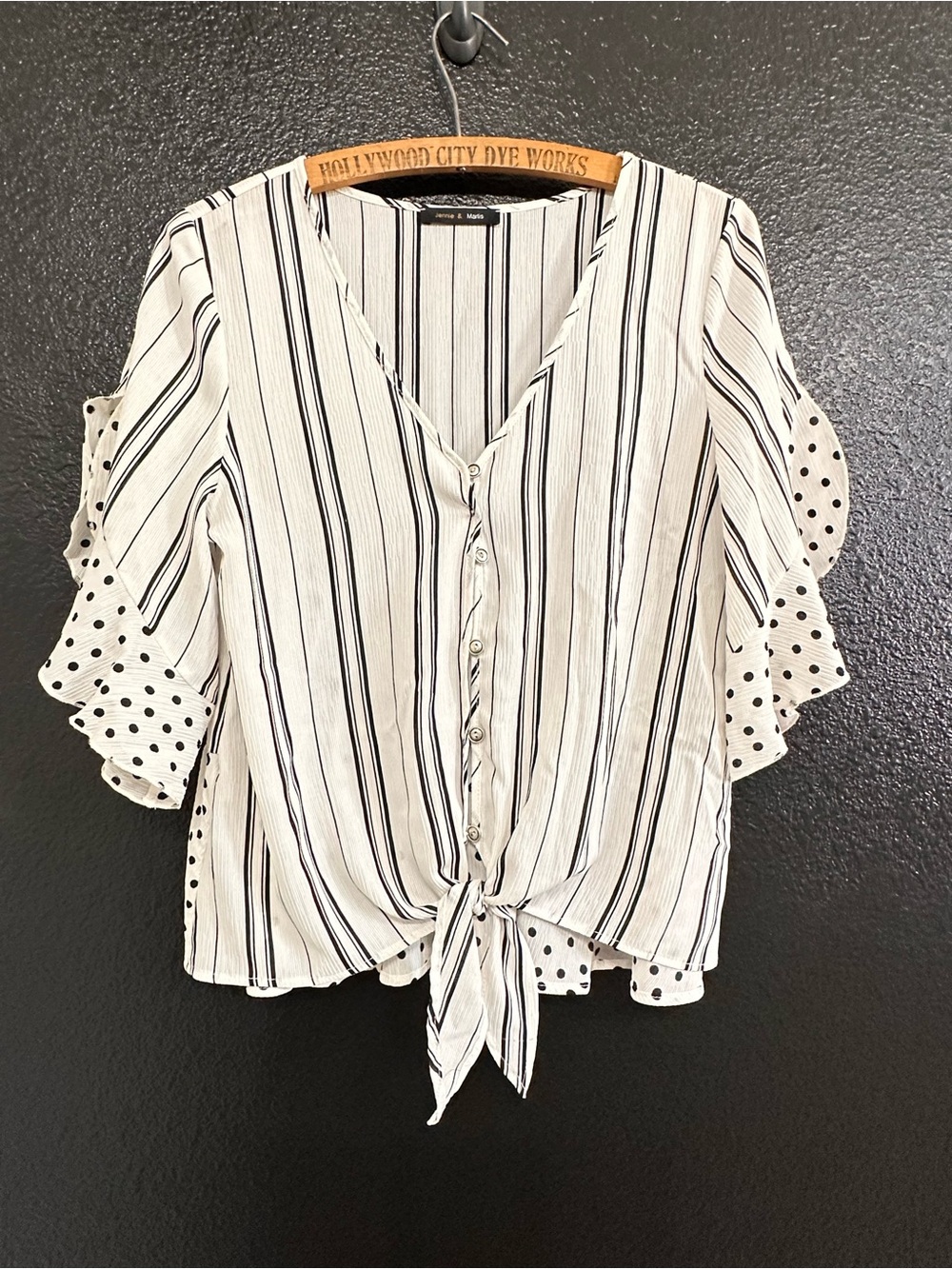 Striped V-Neck Tie-Front Blouse with Polka Dot Ruffle Sleeves - White/Black